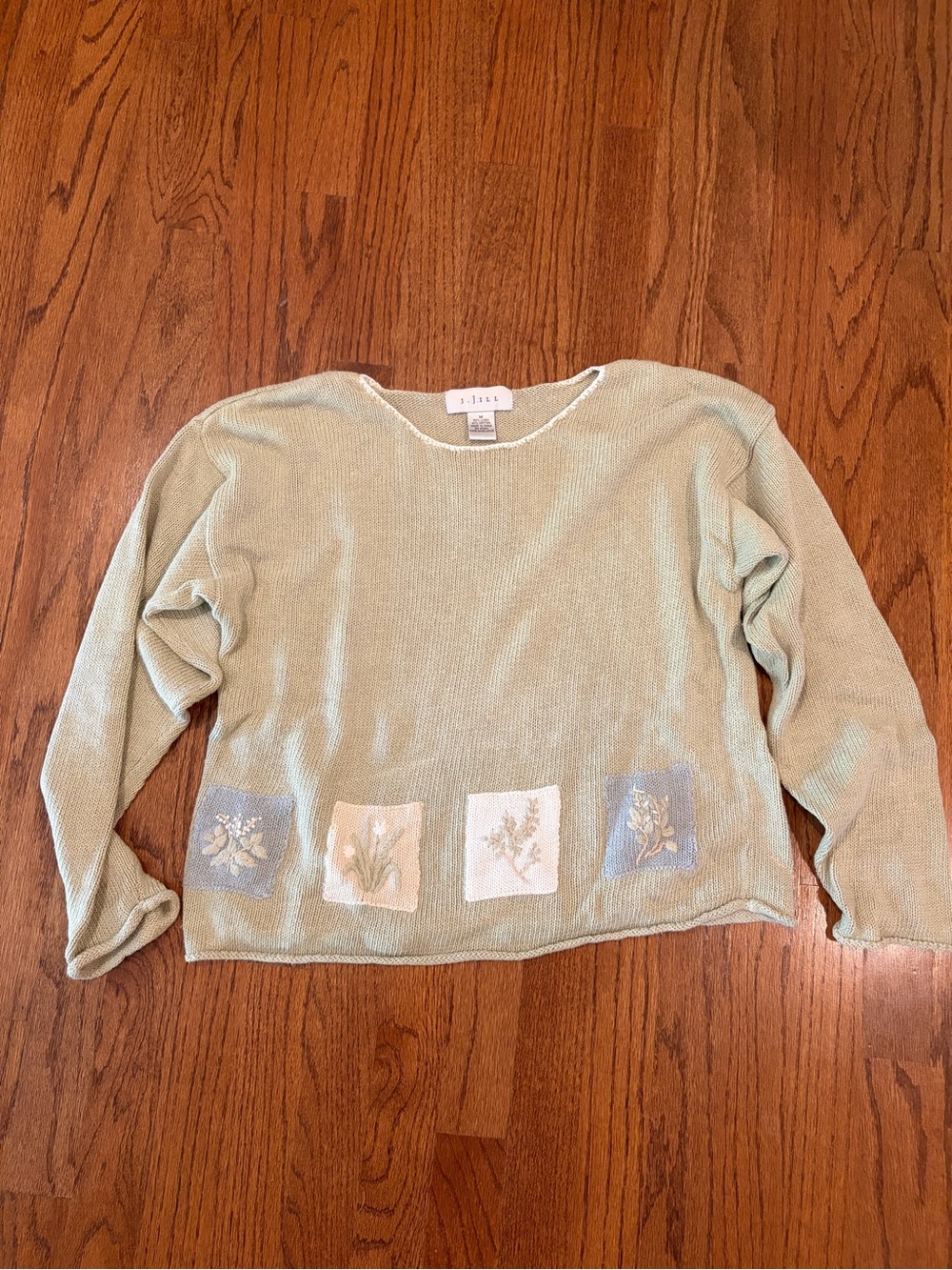 VTG J.Jill Sweater Medium Sage Green Knit Floral Embroidered Patchwork Pullover - Picture 3 of 11